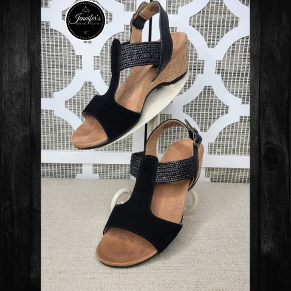 Vionic Women's Black Suede Wedge Sandals Size 7 - Picture 1 of 16